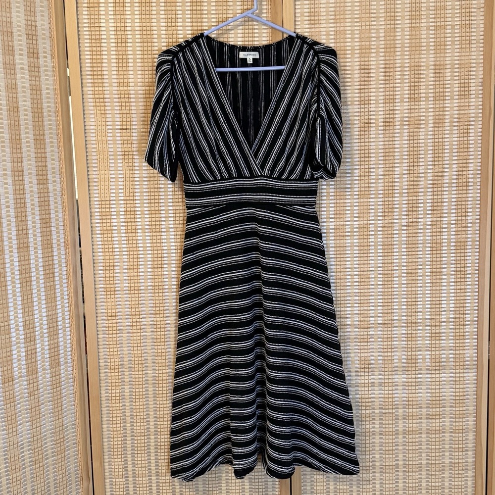 Max Studio Womens S Black White Dress Stripe Fit Flare Office Vacation Party